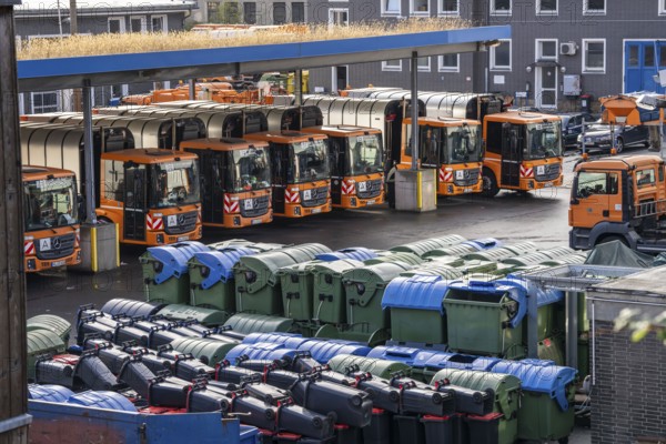 Hagener Entsorgunsbetriebe depot, refuse lorry, various refuse bins, containers, North Rhine-Westphalia, Germany, Europe