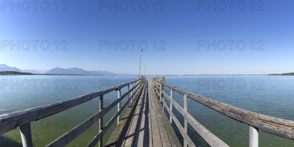 Wooden jetty and landing stage, Chieming, Chiemsee, Chiemgau, Bavaria, Germany, Europe