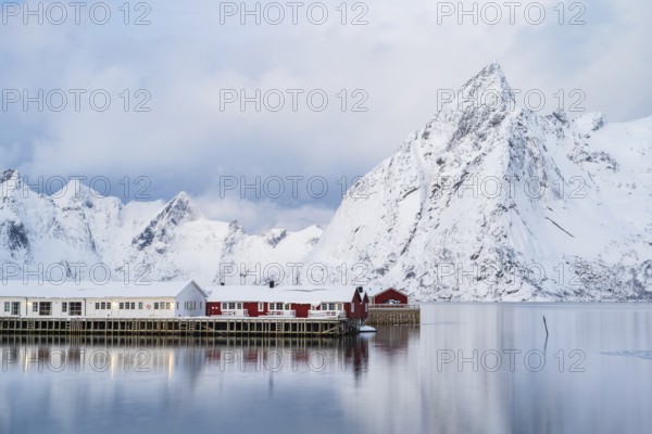 Rorbuer huts of Hamnoy at the fjord, snowy mountains in the background, Hamnøy, Reine, Moskenesøya, Lofoten, Norway, Europe