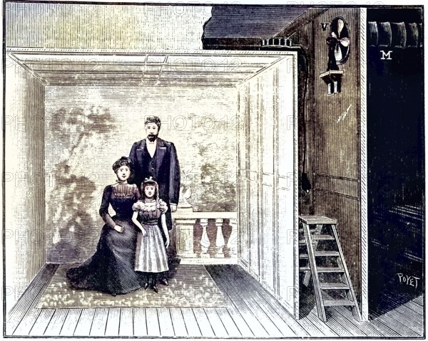 Boyer's photo studio, a wooden scaffold with gauze-like material stretched over it. This produced an evenly diffused light when the magnesium flash at the top right of the scaffolding was triggered by pressing the button on the bulb at the end of the wire. From La Nature, Paris, 1899, copper engraving, Historical, digitally restored reproduction from a 19th century original, Record date not stated