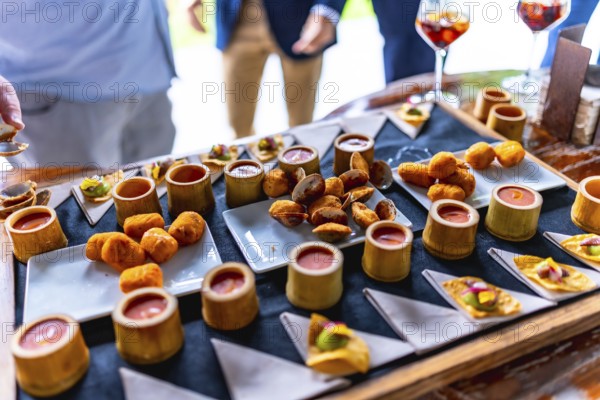 Gourmet appetizers beautifully arranged on a tray at a wedding reception, featuring various finger foods and drinks, creating an elegant dining experience
