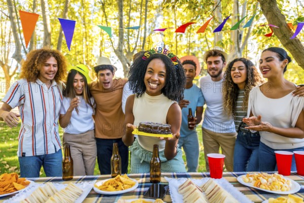 African woman celebrating birthday with cake during picnic with multi-ethnic friends in a public park