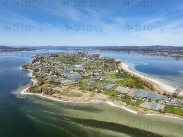 Aerial view of the island of Reichenau at low tide and spring-like vegetation, Lake Constance, district of Constance, Baden-Württemberg, Germany, Europe