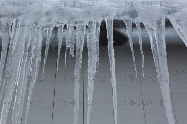 Long icicles and thick heavy ice hanging from roof edge of grey wood plank cladded building in winter, Quebec, Canada, North America