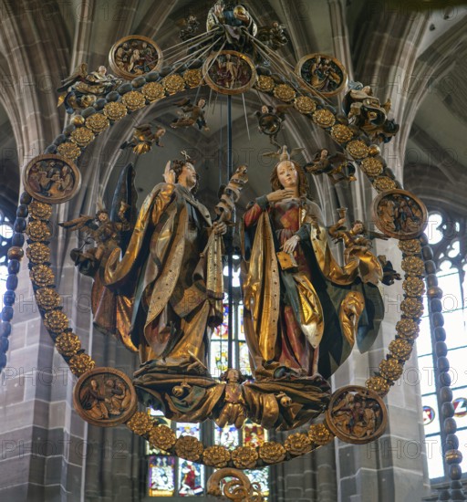 The English Greeting, also known as the Angel's Greeting, work of art from 1517 to 1518, by the sculptor Veit Stoß, 1447-1533, St, Lorenz, Nuremberg, Middle Franconia, Bavaria, Germany, Europe