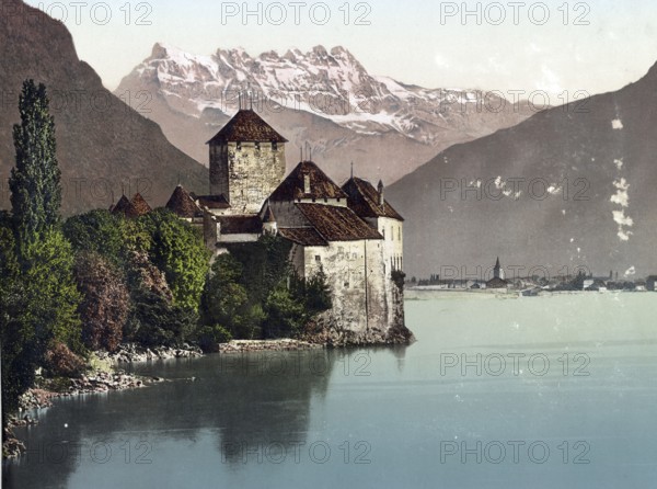 Chillon Castle (French: Château de Chillon (?i'j?~) is a medieval moated castle in the Swiss canton of Vaud, Switzerland, Historic, digitally restored reproduction from a 19th century original, Record date not stated, Europe