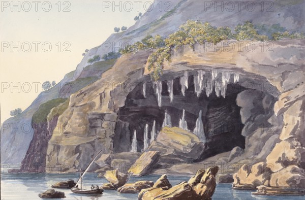 Cave, grotto at Cabo de San Antonio, Cap de Sant Antoni, cape in the south-east of Spain, digital reproduction of a painting by Charles Hamilton Smith (1776-1859), historical
