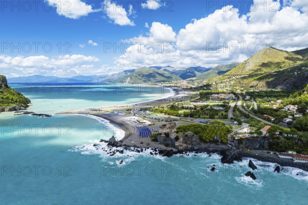 Praia a Mare from a drone, Tyrrhenian Sea, Cosenza, Calabria, Italy, Europe