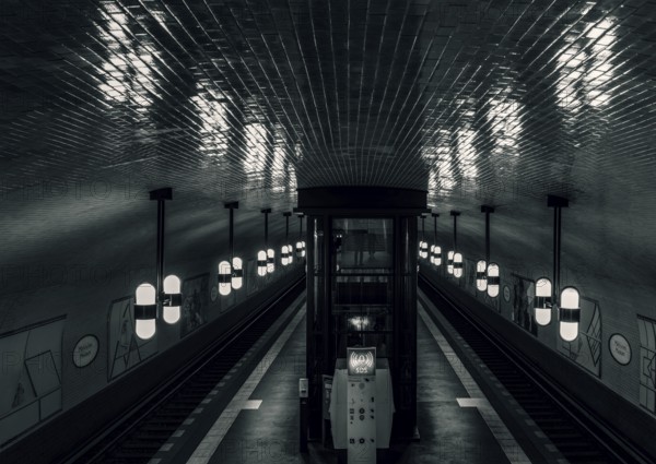 Black and white photograph, interior shot, Märkisches Museum underground station, Berlin, Germany, Europe