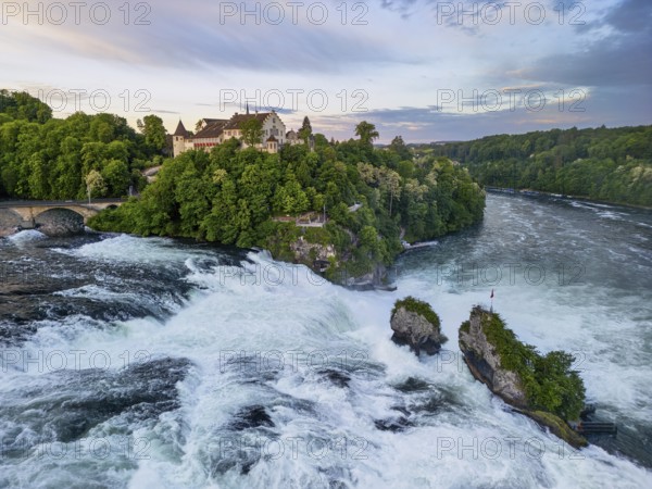 Laufen Castle with Rhine Falls, aerial view, Neuhausen, Canton Schaffhausen, Switzerland, Europe