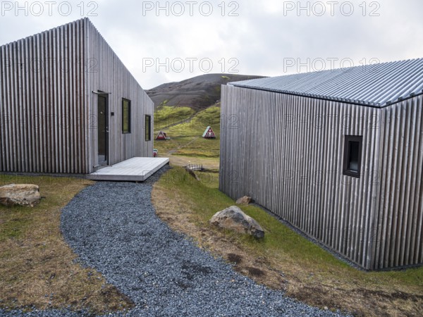 Holiday cabins, Hveradalir geothermal area, Kerlingarfjöll, Icelandic highlands, Iceland, Europe