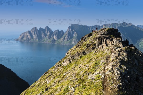 Hikers on top of Mt. Husfjell, view to mountain range Okshornan in the back, peaks rising from sea level, island Senja, Troms, northern Norway, Norway, Europe