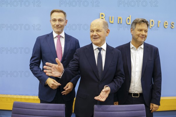 Christian Lindner (FDP), Federal Minister of Finance, Olaf Scholz (SPD), Federal Chancellor, and Robert Habeck (Alliance 90/The Greens), Federal Minister for Economic Affairs and Climate Protection and Vice-Chancellor, present the 2025 budget at the BPK. Berlin, 05.07.2024. Photographed on behalf of the Federal Ministry of Finance