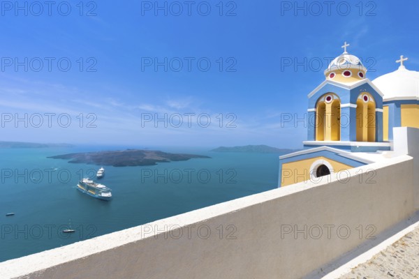 Greece Islands, scenic panoramic sea views of Santorini island from top outlook of Fira village