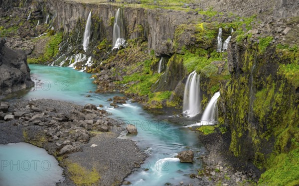 Waterfalls and a turquoise blue river flowing through a canyon, Sigöldugljúfur, long exposure, Icelandic highlands, Iceland, Europe