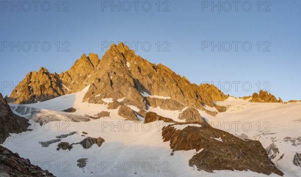 Rocky mountain peak, summit of the Aiguille de Tour in the evening light at sunset, Chamonix, Haute-Savoie, France, Europe