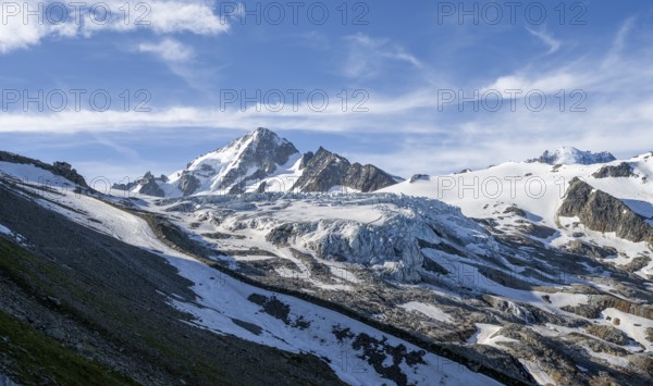 High alpine mountain landscape, summit of the Aiguille de Chardonnet and Glacier du Tour, glaciers and mountain peaks, Chamonix, Haute-Savoie, France, Europe