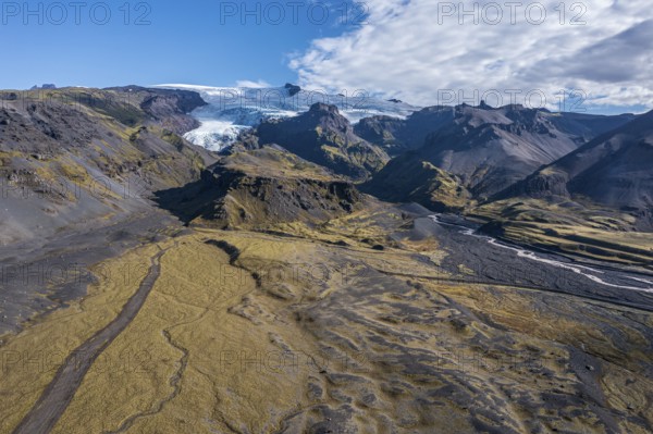 Vast floodplain of the Öræfajökull glacier at the Haalda depression, east of Skaftafell, aerial view, Iceland, Europe