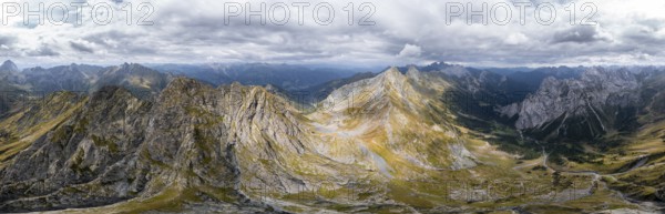 Aerial view, Alpine panorama, Raudenspitze and Carnic High Trail, Carnic Main Ridge, Carnic Alps, Carinthia, Austria, Europe