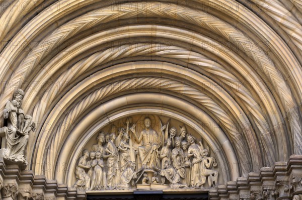 Depiction of the Last Judgement in the tympanum, princely portal, main portal, Bamberg Cathedral of St Peter and St George, Bamberg, Upper Franconia, Bavaria, Germany, Europe