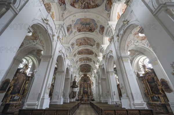 Interior of the originally Gothic hall church, was completely baroqueised in the 18th century, Basilica of St. Mauritius, Niederaltaich, Lower Bavaria, Germany, Europe