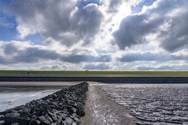 The Wadden Sea, East Frisia, between Bensersiel and Neuharlingersiel, Breakwater behind the dyke, Lower Saxony, Stairs, Germany, Europe