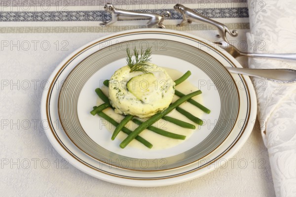 Swabian cuisine, oven-baked pike-perch on princess beans with lemon sauce, fish dish, pike-perch fillet, courgette, green beans, dill, starter, from the oven, casserole, arranged on a plate, traditional cuisine reinterpreted, food photography, studio, Germany, Europe