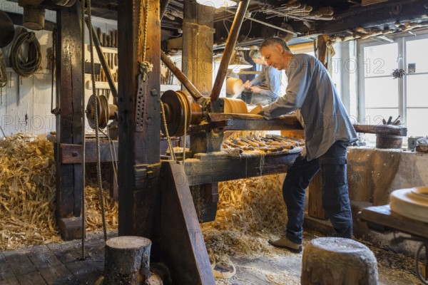In the tyre turner's show workshop in the Seiffen Open-Air Museum, Erzgebirge, Saxony, Germany, Europe