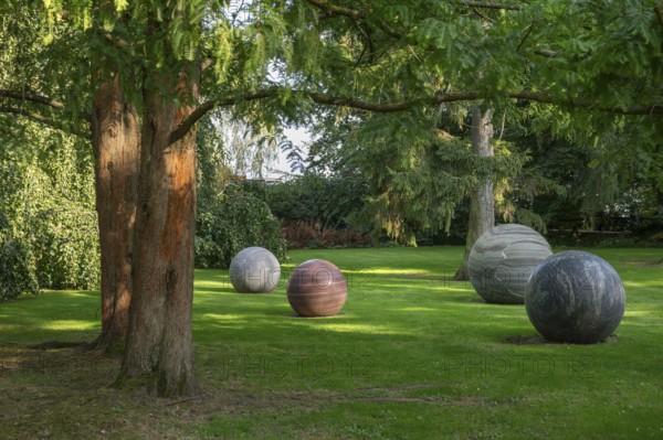 Sculpture Pars pro Toto, stone balls by Alicja Kwade, Sculpture Park, Louisiana Museum of Modern Art, Humlebæk, Nivå Bugt, Hovedstaden, Øresund Coast, Denmark, Europe