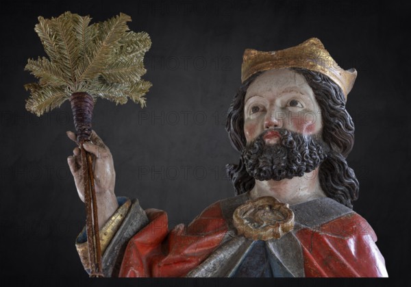Head of Christ, detail of the palm donkey on a black background, wooden figure from around 1470, Church of St Jodokus, Bad Oberdorf, Oberallgäu, Bavaria, Germany, Europe