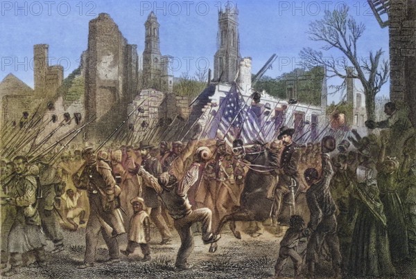 Entry of the 55th Massachusetts Coloured Regiment into Charleston, West Virginia, 21 February 1865, Historical, digitally restored reproduction from a 19th century original, Record date not stated