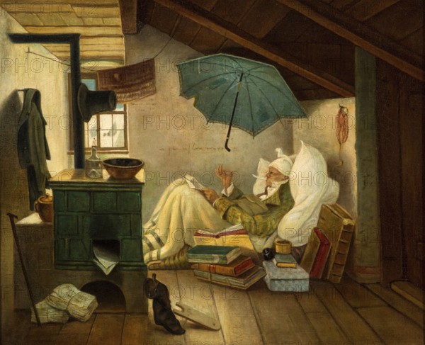 The Poor Poet, Painting by Carl Spitzweg, Historic, digitally restored reproduction from a 19th century original, Record date not stated