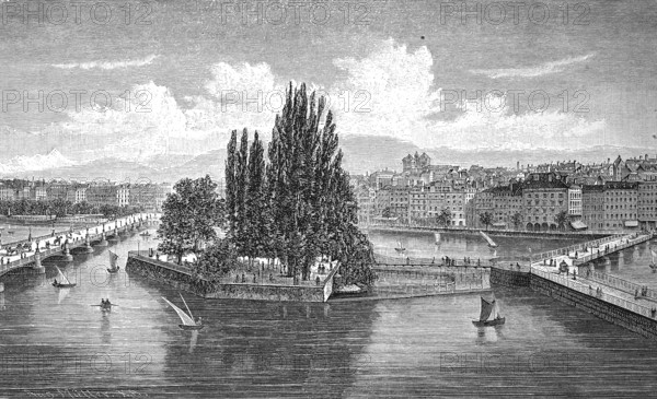Geneva in Switzerland, in 1880, Historical, digital reproduction of an original from the 19th century
