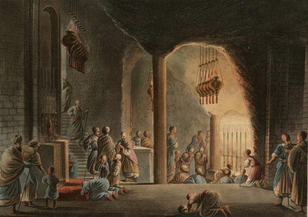 Historical Palestine, Underground church in Bethlehem, Historical, digitally restored reproduction from an early 19th century original, date unknown