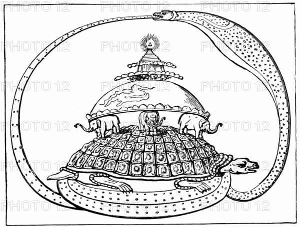 Hindu representation of the universe surrounded by a snake, the symbol of eternity. Mount Meru represents paradise, the earth below is carried by six elephants, and underneath is the hellish region, which is carried by a toad resting on a snake. Wood engraving from around 1880, Historic, digitally restored reproduction from a 19th century original, Record date not stated
