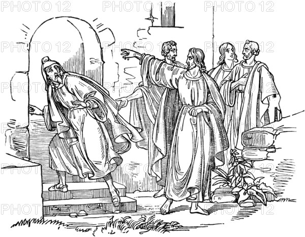 Lake Grimsel, Swiss folk tale, Ahasuerus the Jew is expelled from the city, group of people, building, fear, expel, woodcut illustration, Swiss calendar for 1848