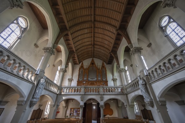 Interior with organ loft of St. Johannis Church, Forchheim, Upper Franconia, Bavaria, Germany, Europe