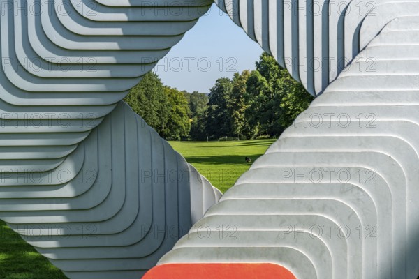 The Grugapark, Essen, botanical garden, park for leisure and recreation, artwork Layering, at the Tummelwiese, North Rhine-Westphalia, Germany, Europe