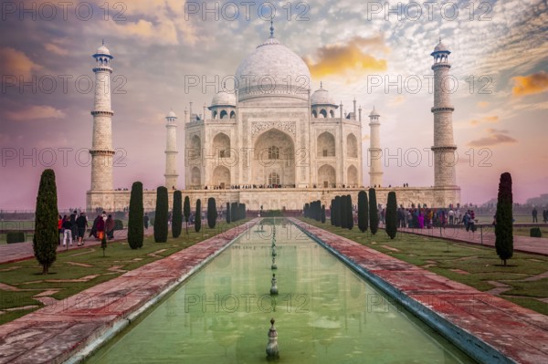 Taj Mahal on sunrise sunset, Indian Symbol, India travel background. Agra, Uttar Pradesh, India, Asia