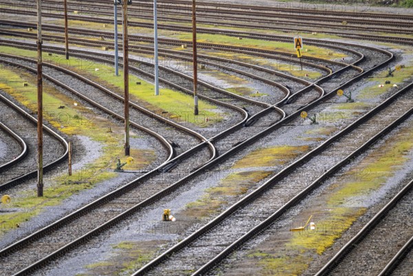 Track systems, shunting tracks, sidings, branches, the Mülheim-Styrum marshalling yard, on the railway line between Mülheim an der Ruhr and Duisburg, railway line, for local and long-distance traffic, freight traffic, North Rhine-Westphalia, Germany, Europe