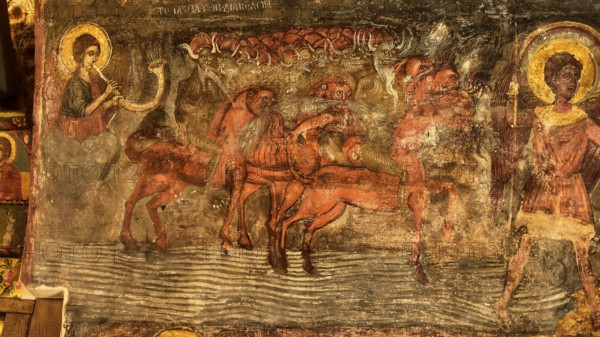 Antique fresco with depictions of saints, camels and biblical scene, Asklipio village, Asklipion, Kimisis tis Theotokou church, Rhodes, Dodecanese, Greek Islands, Greece, Europe