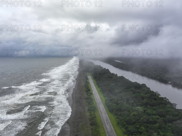 Aerial view, beach and sea, coast with rainforest, Tortuguero National Park, Costa Rica, Central America