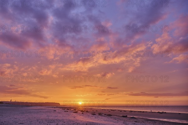 Colorful sunset on the beach with Grey seal (Halichoerus grypus) lying lying on it, Düne, Helgoland, Schleswig-Holstein, Germany, Europe