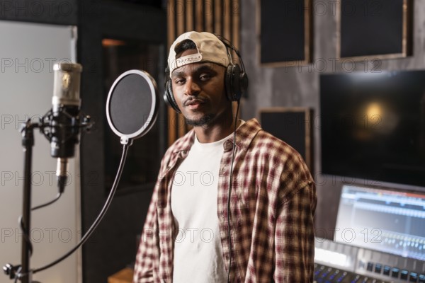 Young african american artist wearing headphones and baseball cap, recording a new album in professional music studio