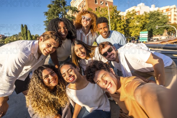 Frontal view of multi-ethnic group of happy friends taking selfie together in the street