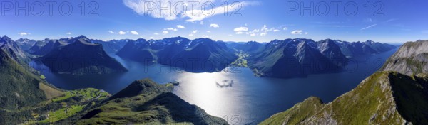 Panoramic aerial view of the Hjørundfjord, from inner fjord to the open sea, Norway, Europe