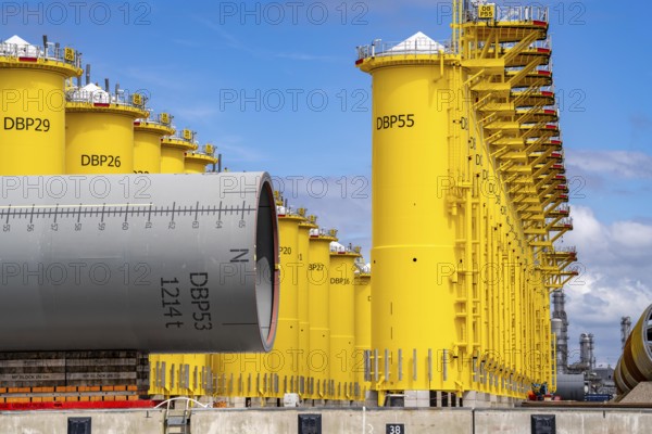 SIF Offshore Foundaitons, production of foundations, monopiles, for offshore wind turbines, the wind turbines are assembled on these pipes, which are installed in the seabed at a depth of up to 60 metres, production plant in the seaport of Rotterdam, Maasvlakte, Rotterdam Netherlands