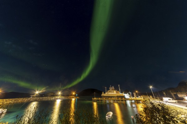Northern Lights, (Aurora borealis) at a fjord near Skjiervoya, September 2024, Lapland, Finnmark, Norway, Europe