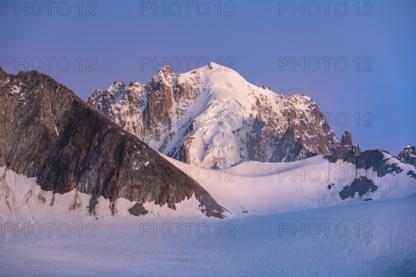 High alpine mountain landscape at sunset, Glacier du Tour, glacier and mountain peak, summit of the Aiguille Verte, Chamonix, Haute-Savoie, France, Europe