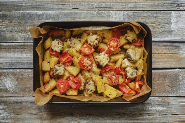 Overhead view of roasted potatoes, mushrooms and tomatoes garnished with melted cheese, arranged in a baking tray on a rustic wooden tabletop